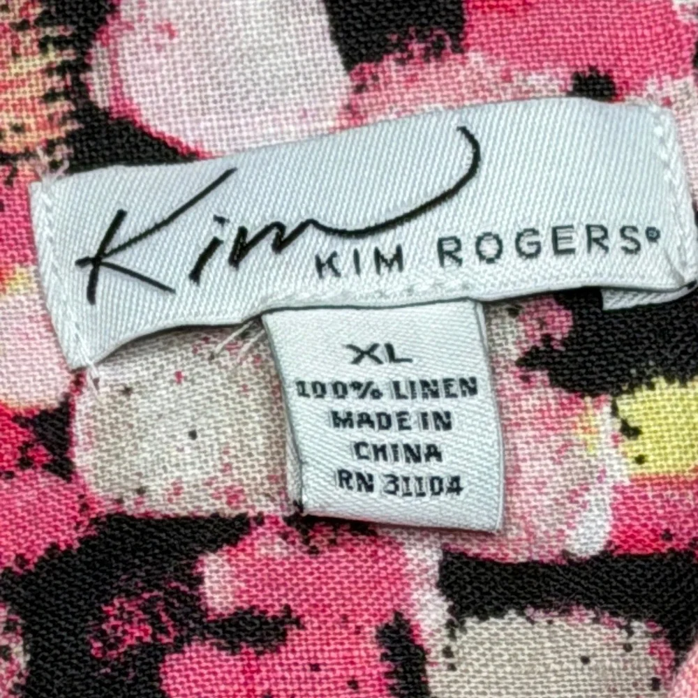 Kim Rogers Button Down Shirt‎ Women XL Pink Abstract Dot 100% Linen 3/4 Sleeve